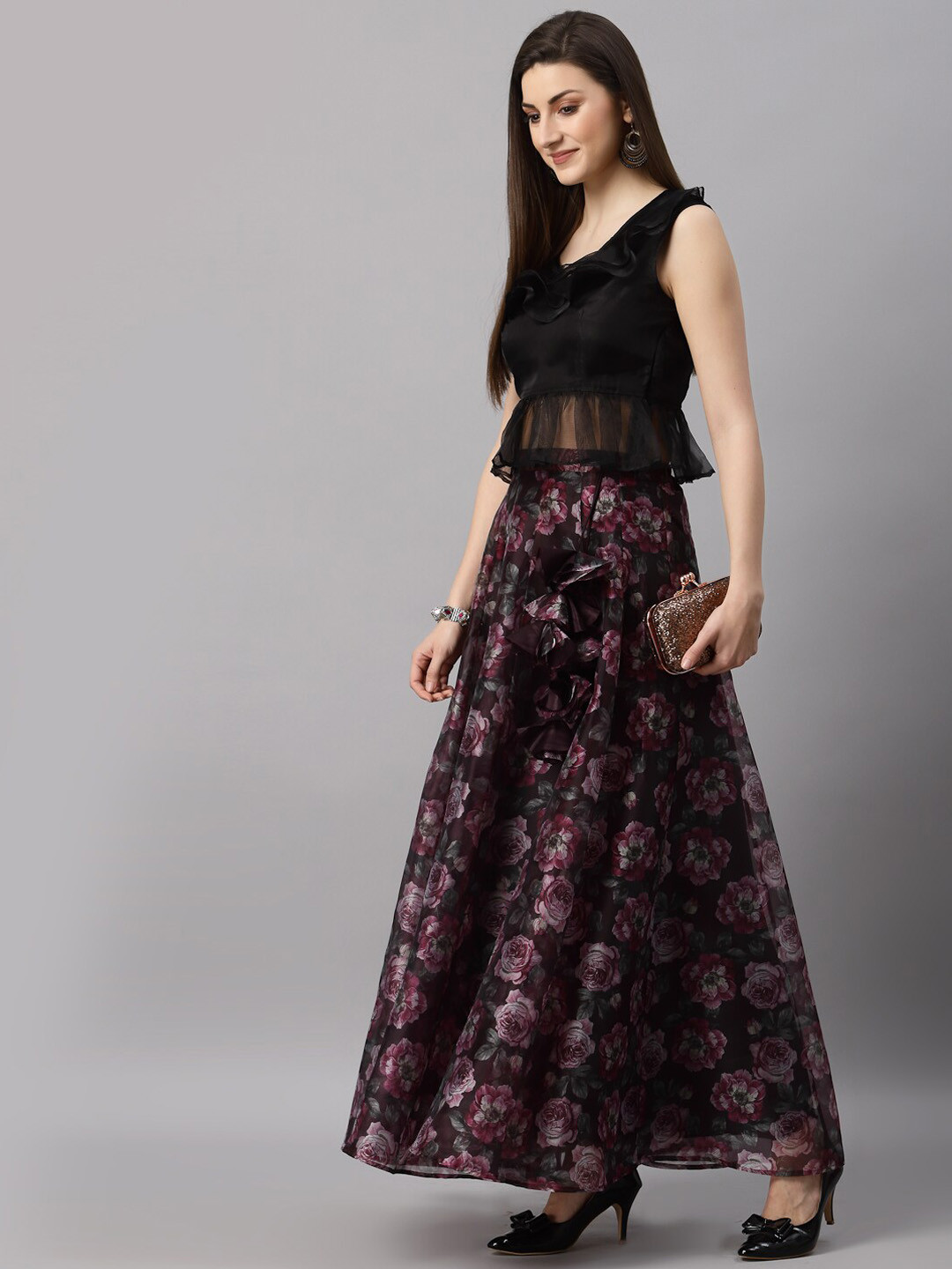 NEUDIS Women Maroon & Pink Floral Print Flared Maxi Lehenga Skirt