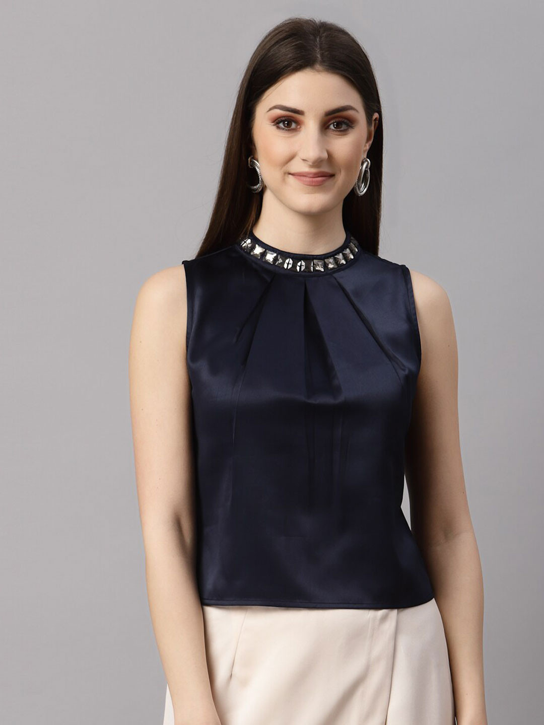 NEUDIS Women Navy Blue Satin Embellished Solid A-Line Top
