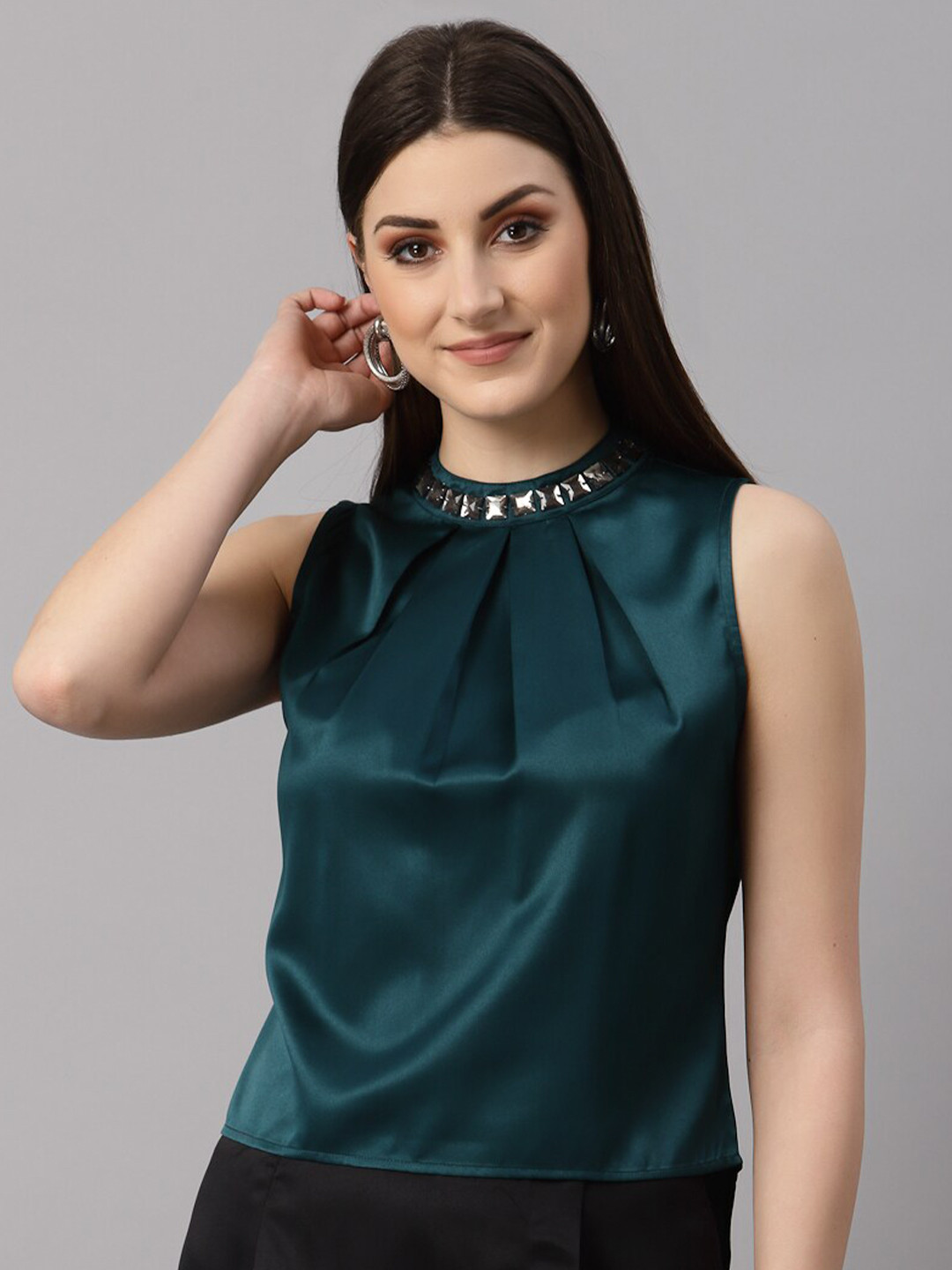 NEUDIS Women Satin Green Embillished Solid A-Line Top