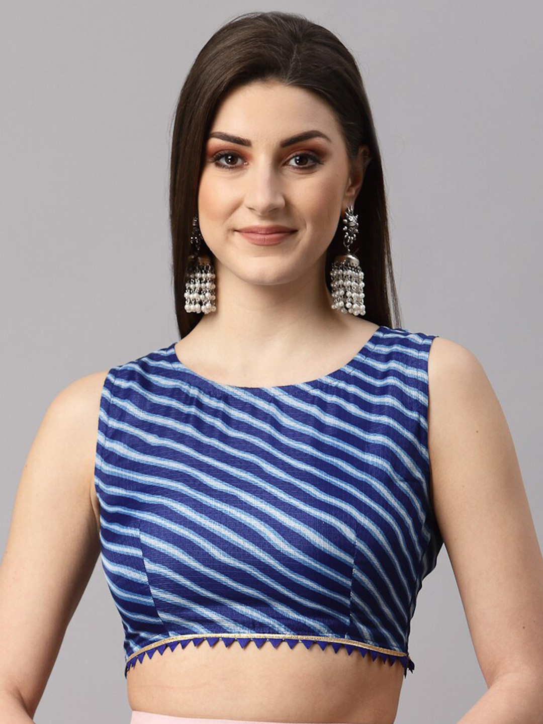 NEUDIS Women Cotton Blue Embellished Lehariya Fitted Blouson Crop Top