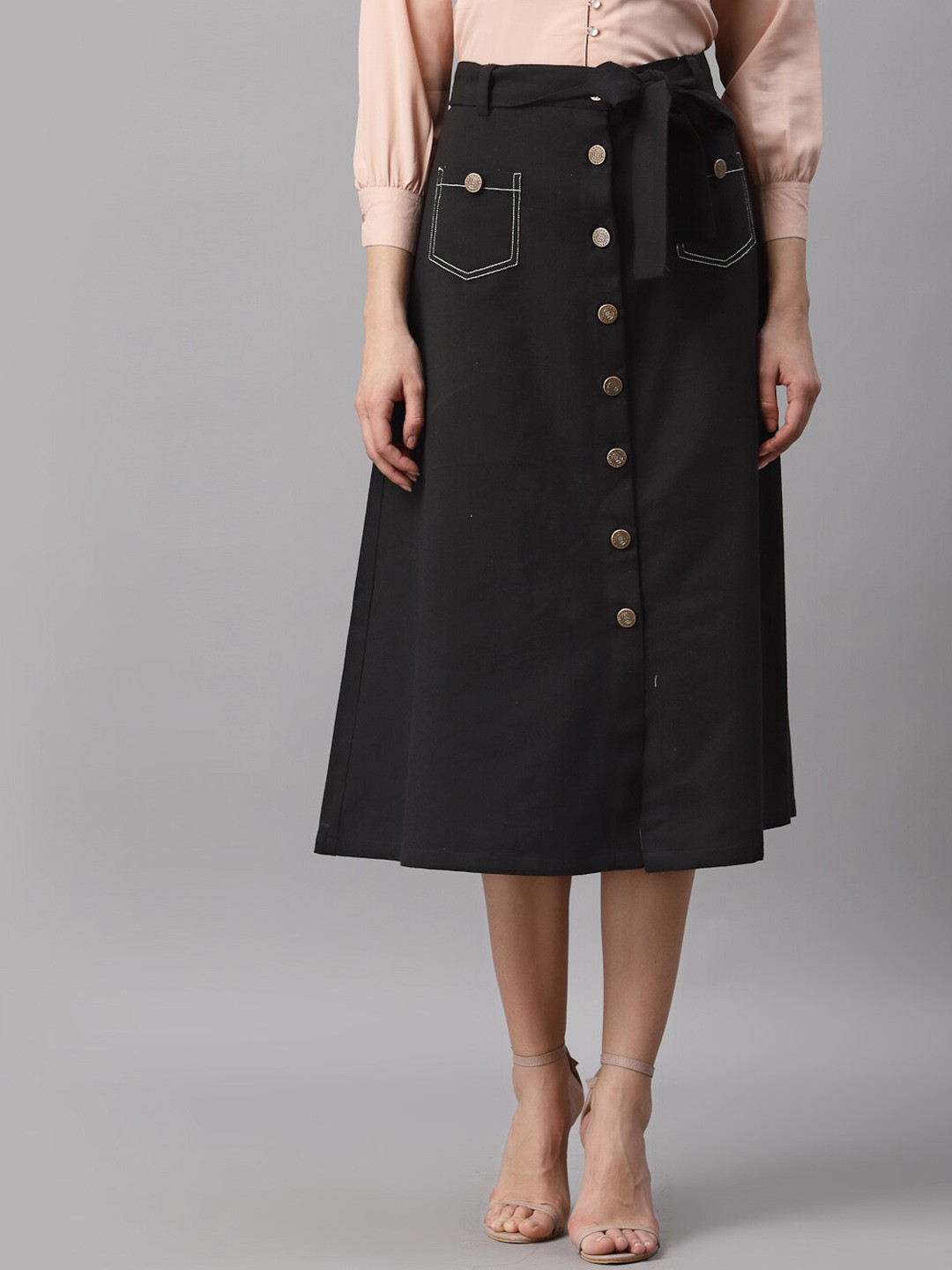 NEUDIS Women Black Solid A-Line Pure Cotton Twill Midi Skirt With Belt