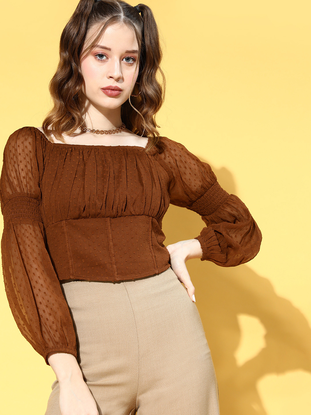 Antheaa Women Elegant Coffee Brown Self-Design Bustier Top