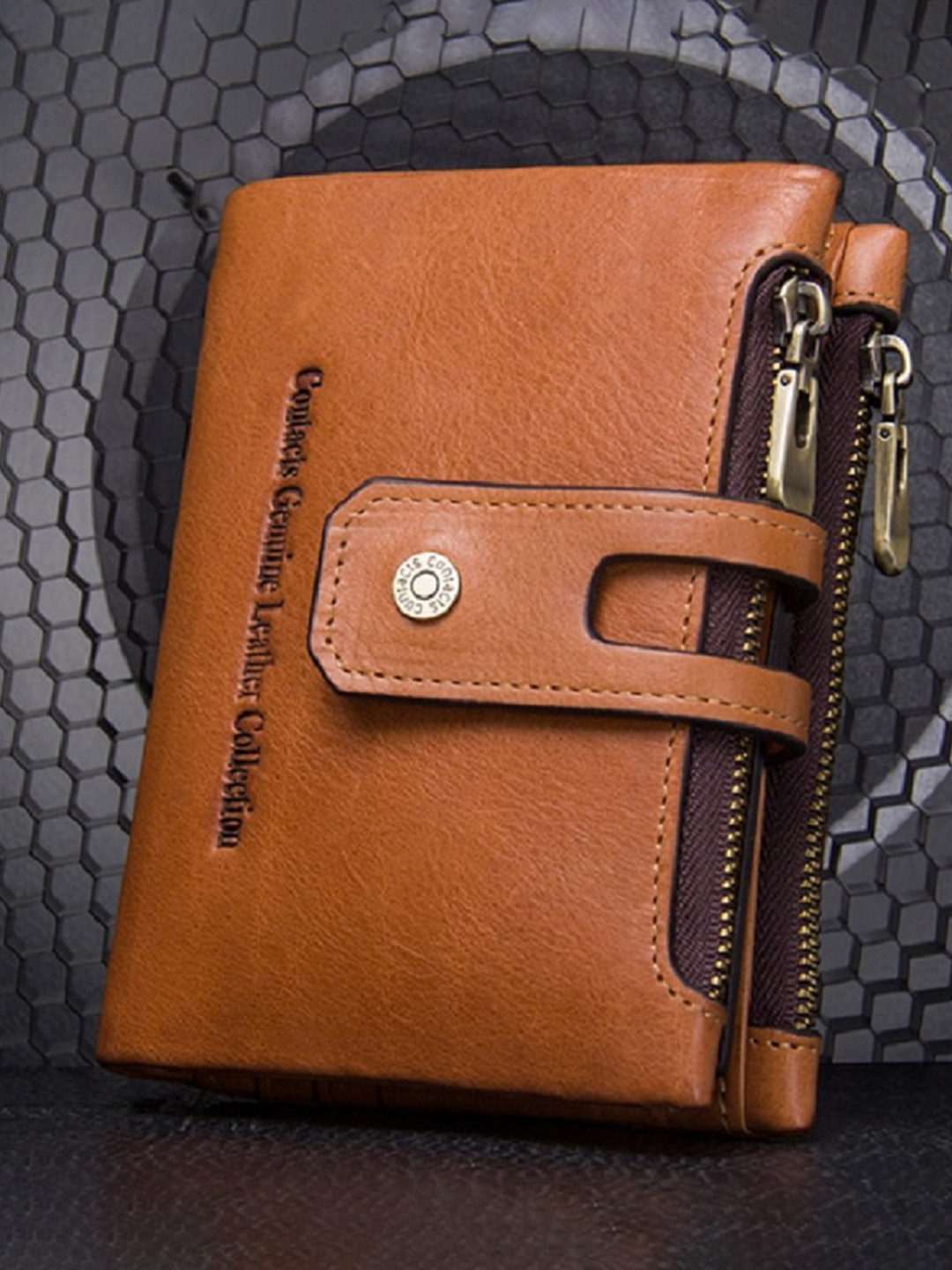 CONTACTS Men Beige Genuine Leather Wallets With RFID