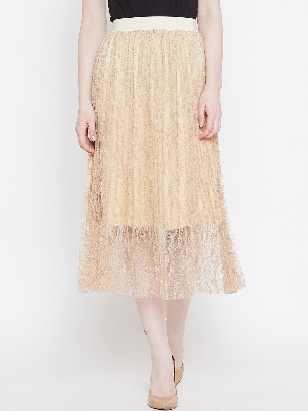 Camey Women Cream-Coloured Self Design A-Line Midi Skirt