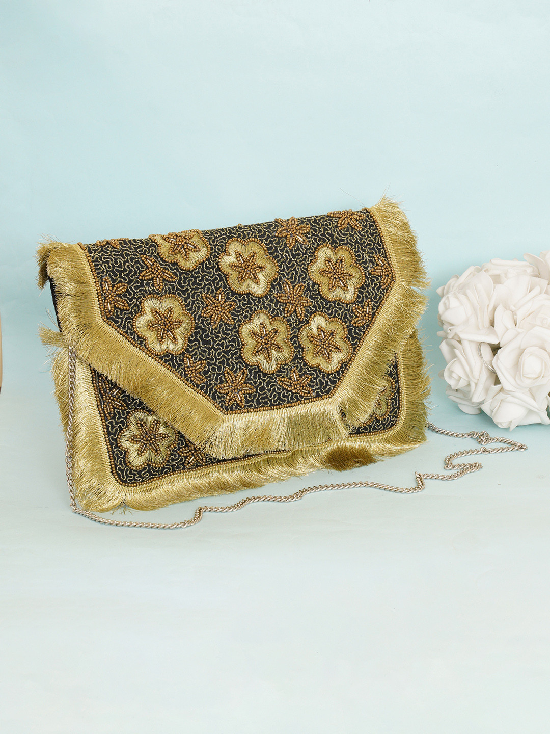 FABBHUE Gold-Toned & Green Embellished Envelope Clutch