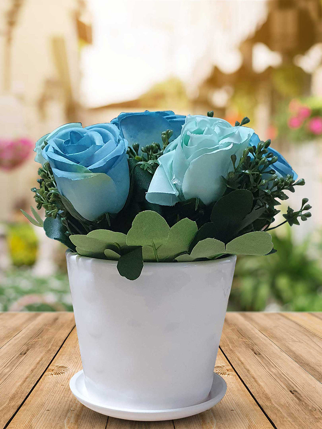 Art Street Blue Artificial Rose Flowers With White Ceremic Pot For Home Dcor