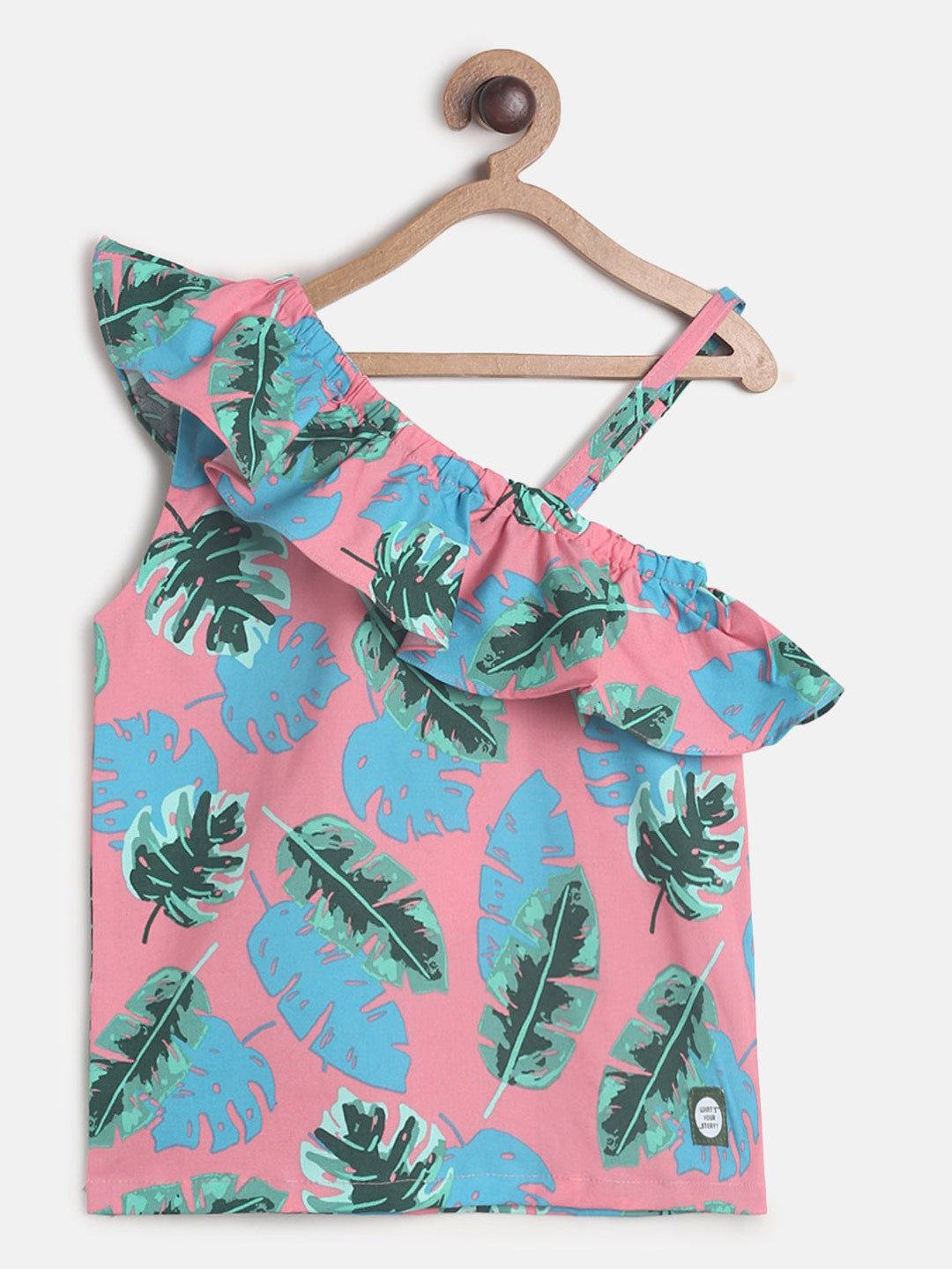TALES & STORIES Girls Pink Tropical Print One Shoulder Top