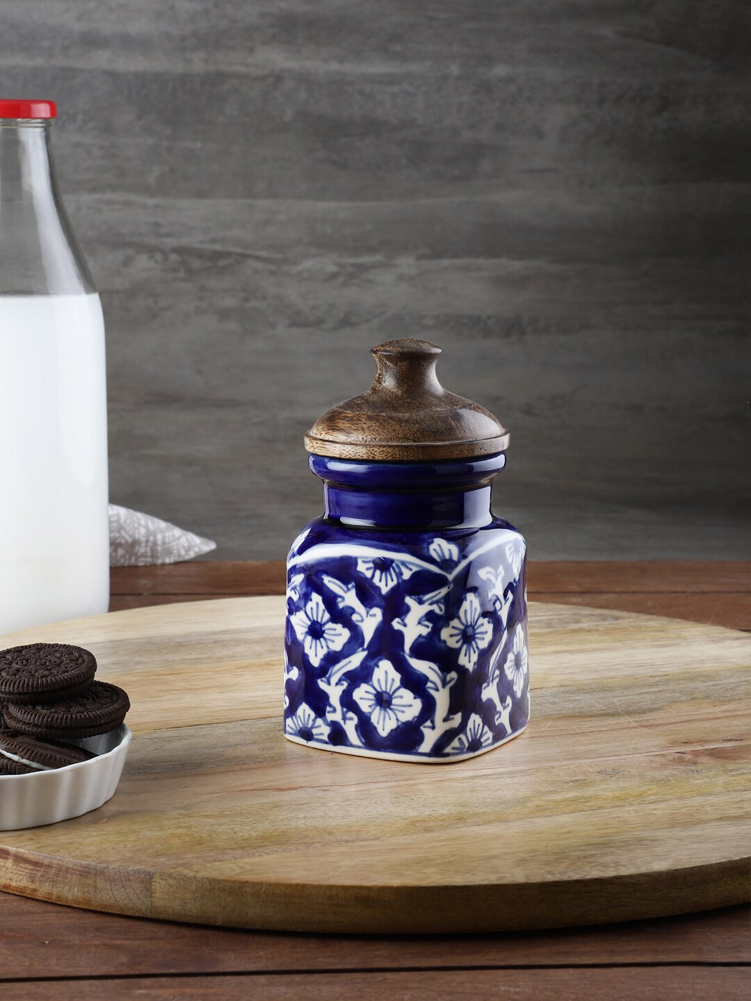 VarEesha Blue & White Mughal Art Hand Painted Ceramic Jar with Wooden Lid