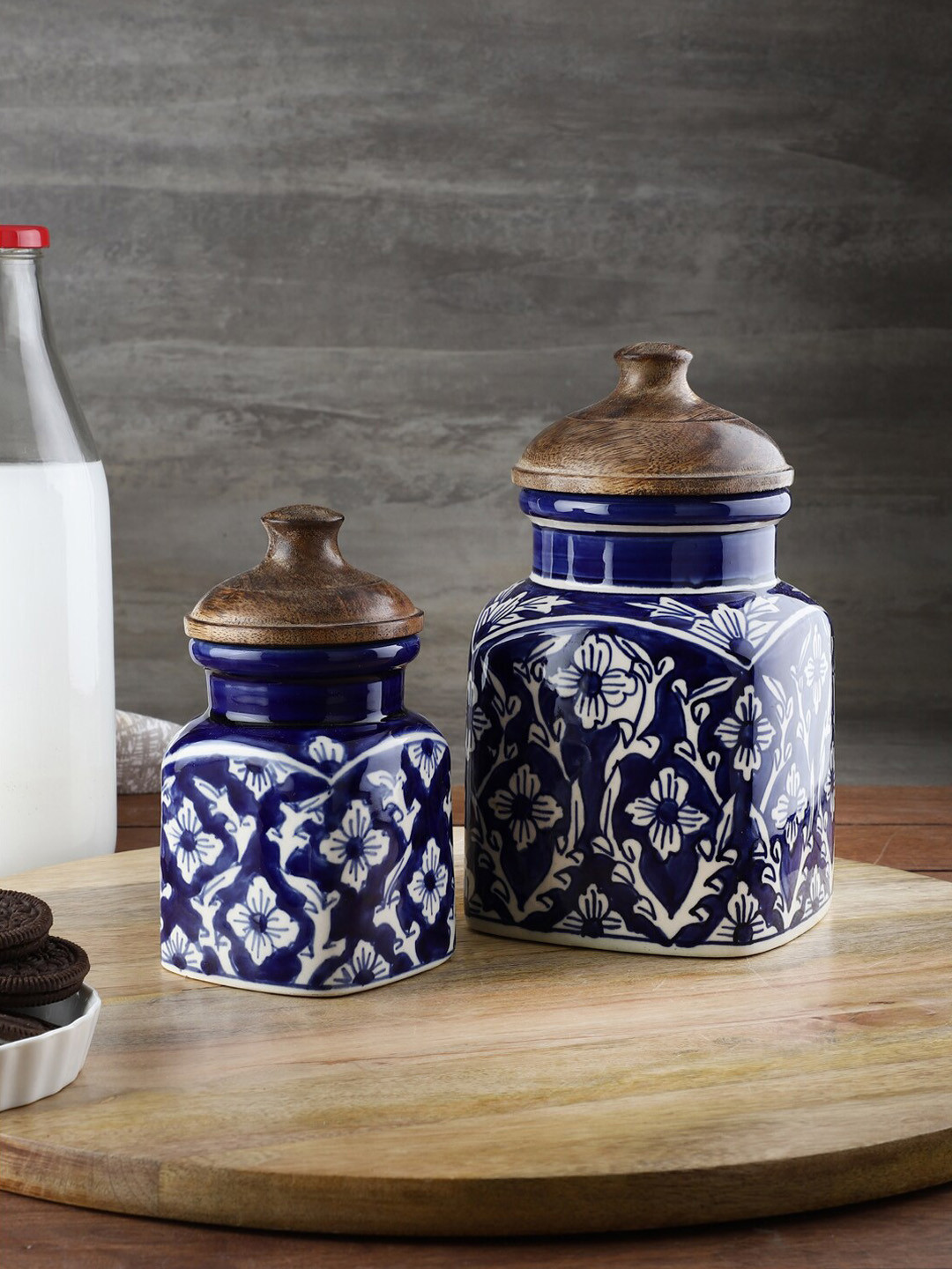 VarEesha Set Of 2 Blue & White Mughal Art Hand Painted Ceramic Jars with Wooden Lid