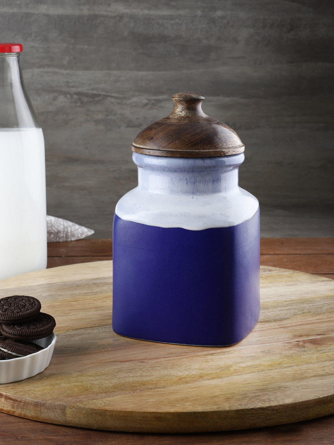 VarEesha Blue Hand Painted Airtight Ceramic Jar with Wooden Lid