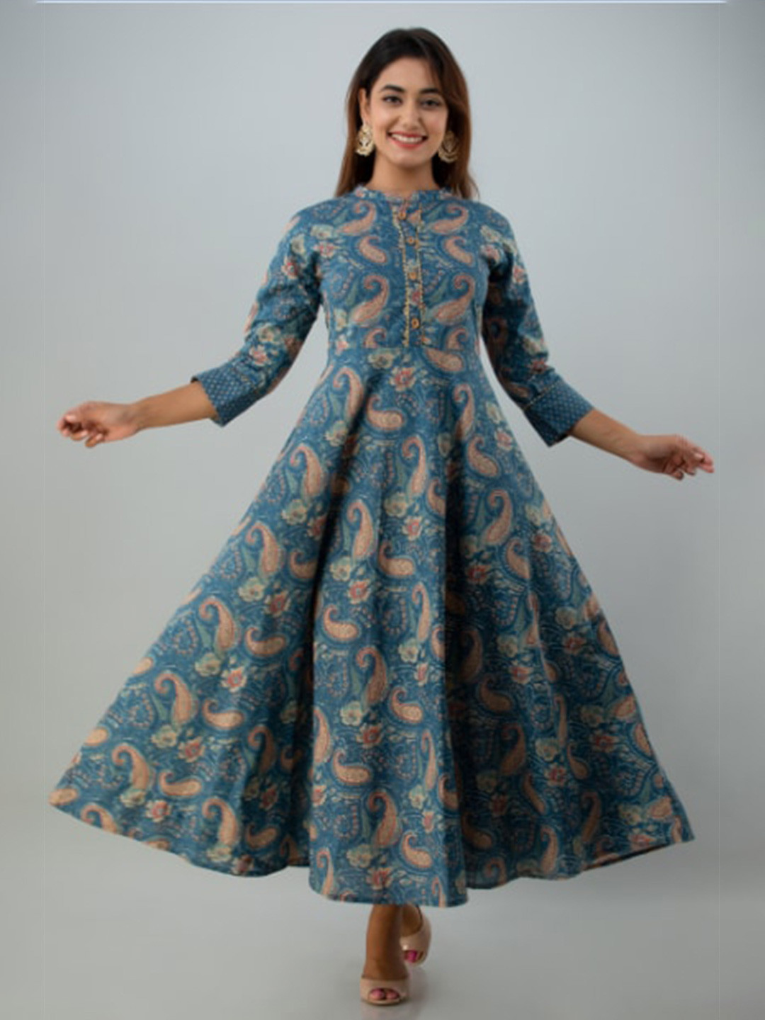 GLAM ROOTS Blue Ethnic Motifs Fit & Flare Maxi Dress