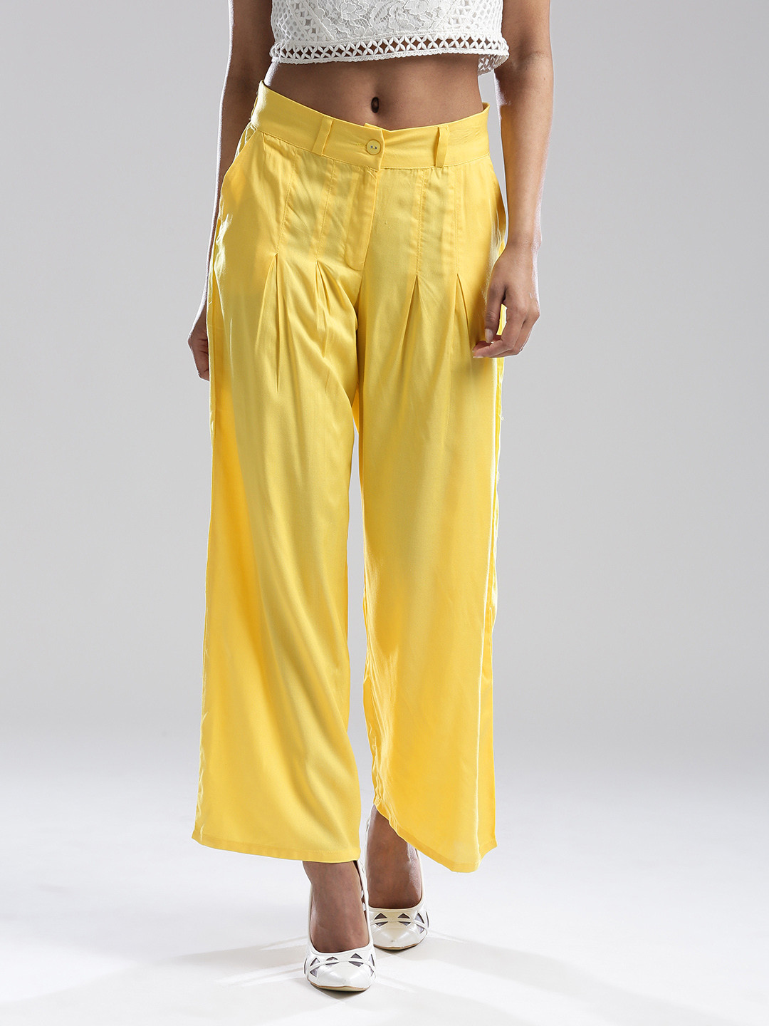 W Women Yellow Solid Parellel Trousers