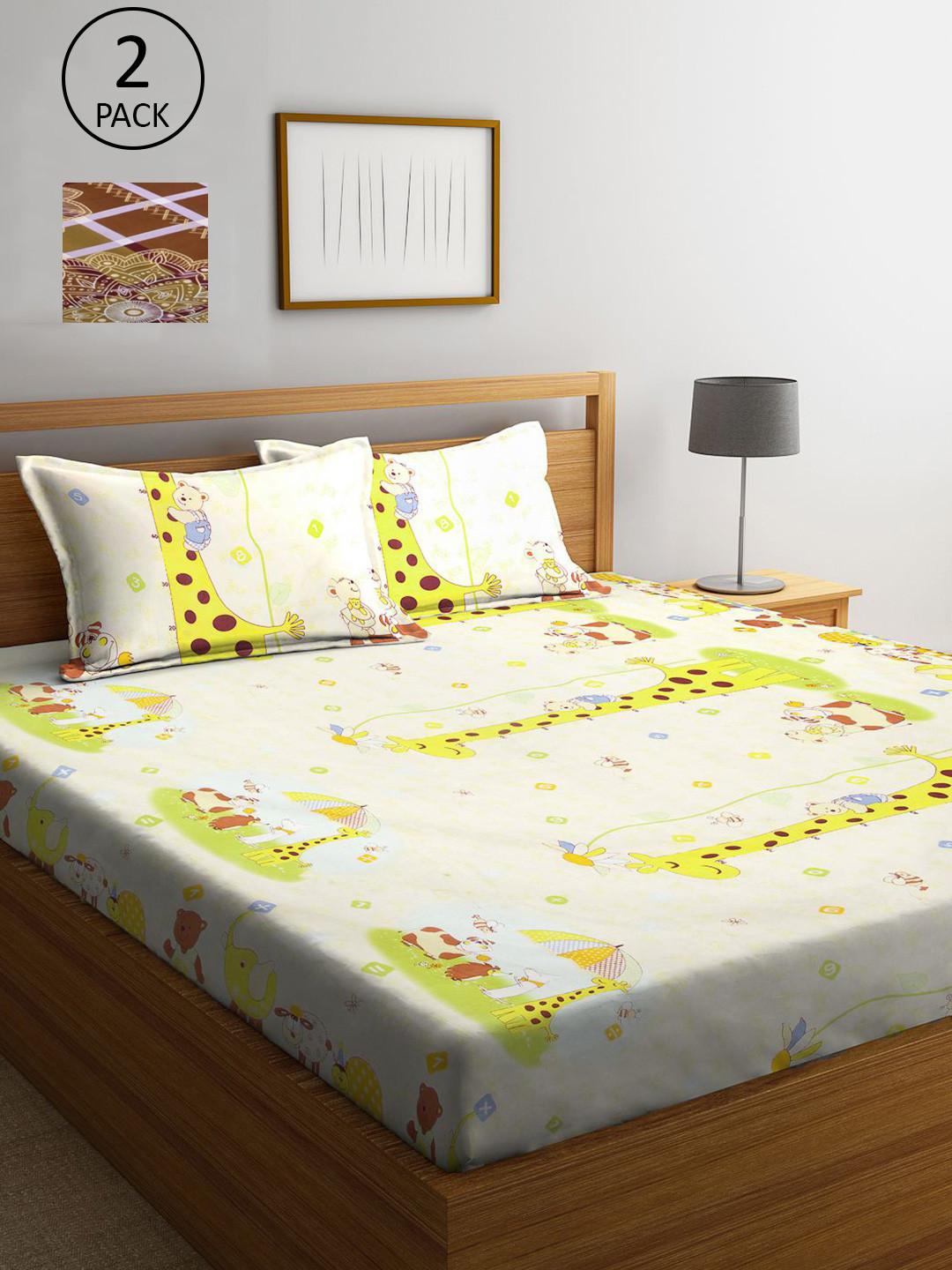 KLOTTHE Gondi Multicoloured Conversational Cotton 210 TC King Fine 2 Bedsheet with 4 Pillow Covers-250 x 225 cm