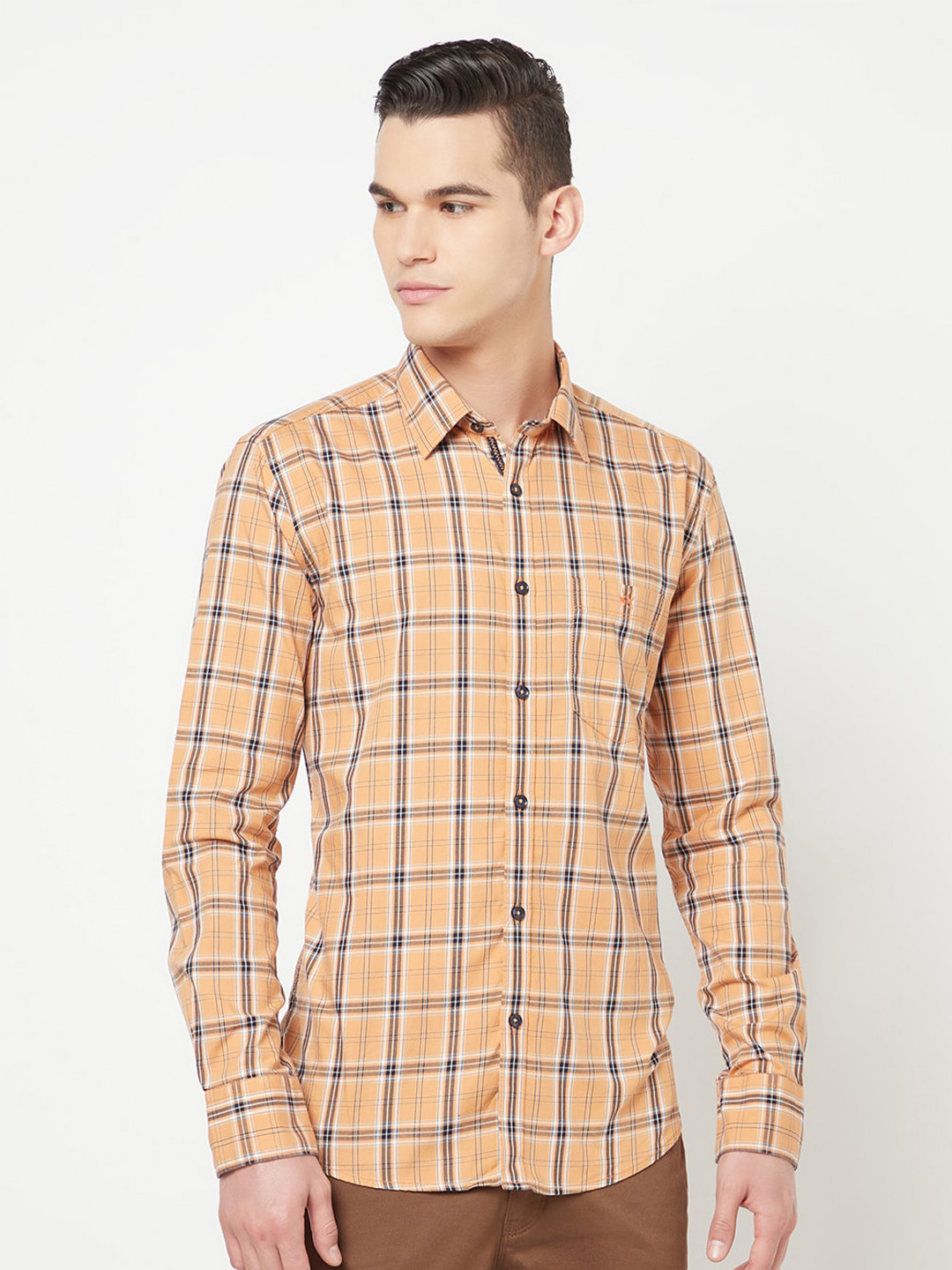 Crimsoune Club Men Peach-Coloured Slim Fit Tartan Checked Pure Cotton Casual Shirt