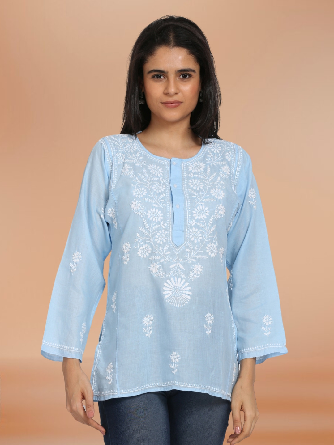 PARAMOUNT CHIKAN Women Embroidered Lucknowi Chikankari Cotton Denim Kurti