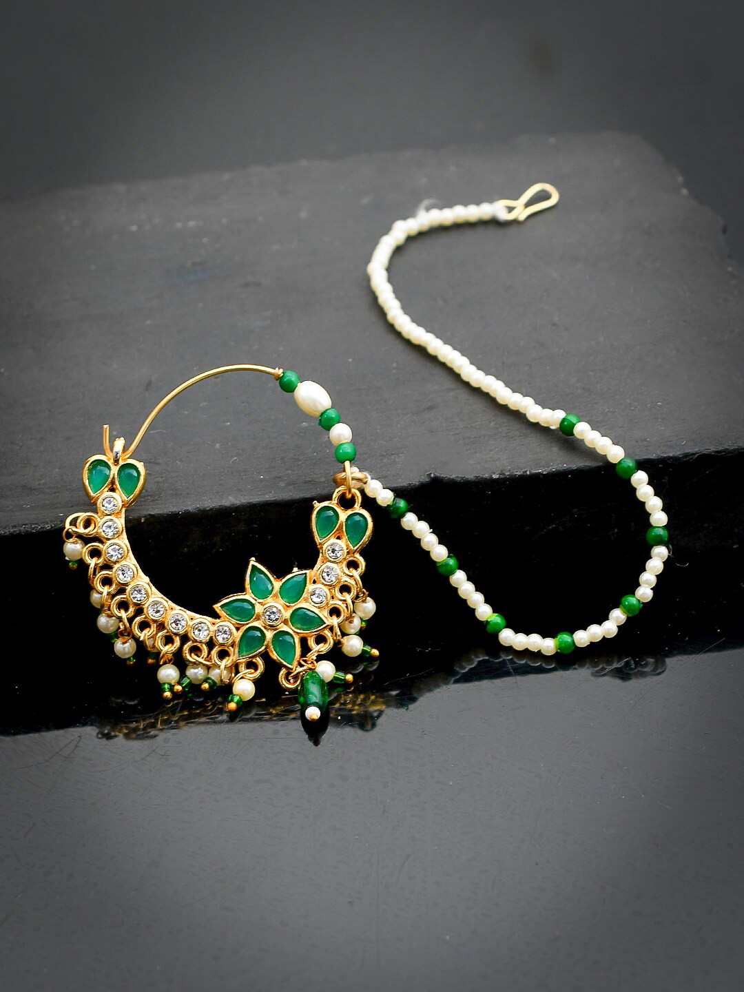 Silvermerc Designs Gold-Plated & Green Cubic Zirconia Studded Chained Nose Ring