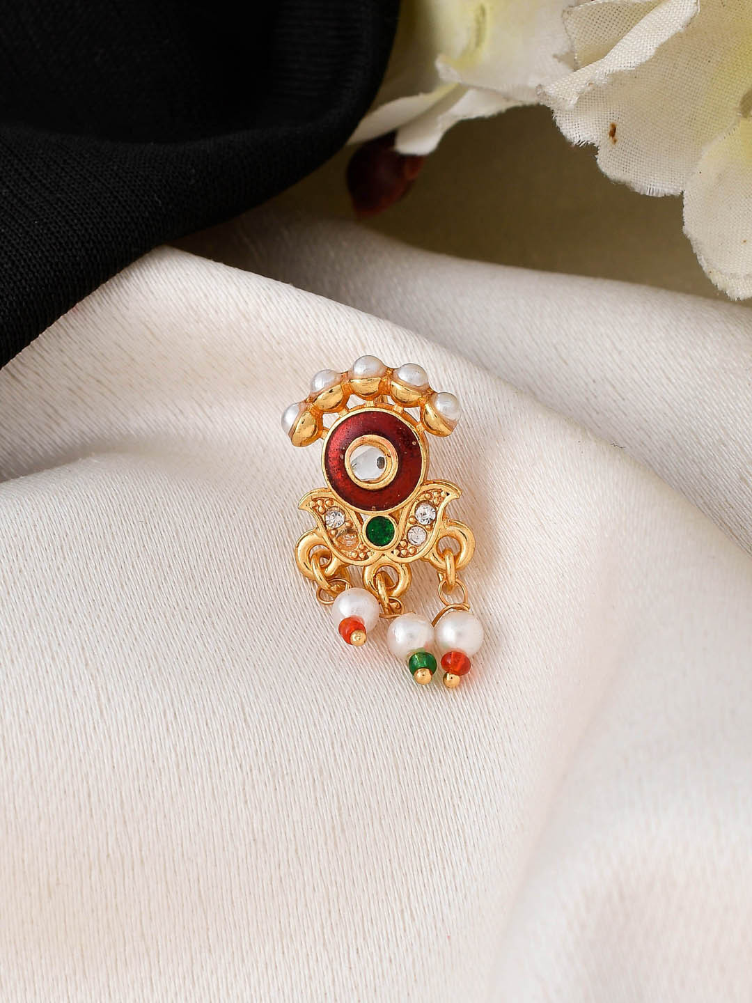 Silvermerc Designs Women Maroon Gold Plated & Red Pearl Embedded Meenakari Nosepin