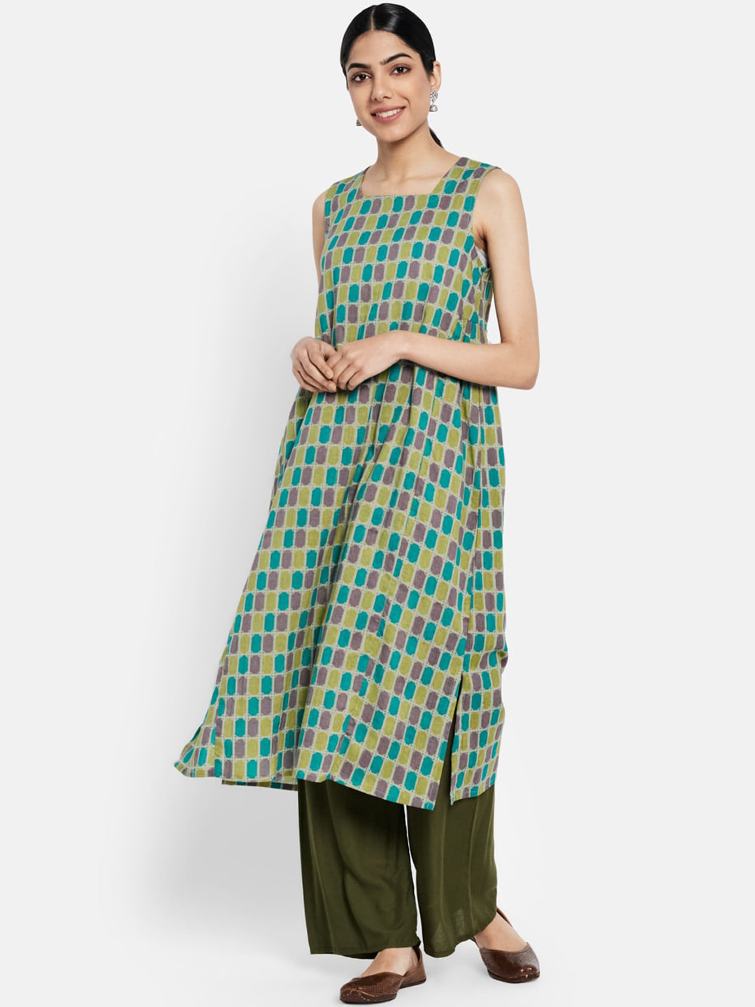 Fabindia Women Teal Blue & Purple Geometric Printed Cotton Kurta