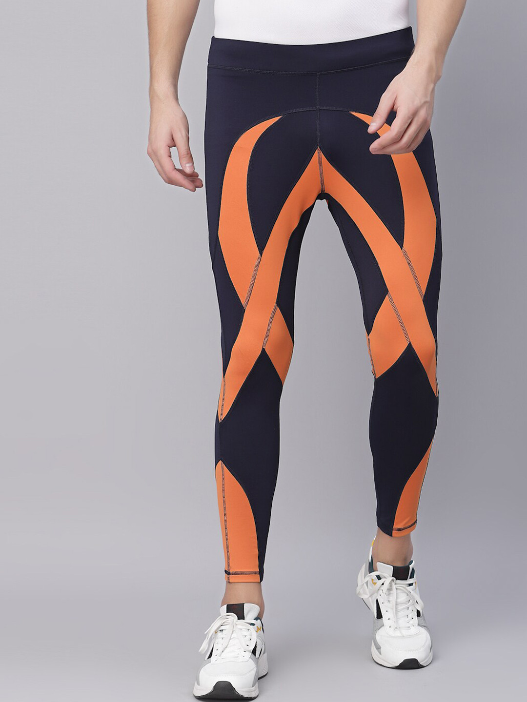 JUMP USA Men Navy Blue & Orange Colourblocked Dry Fit Training Tights