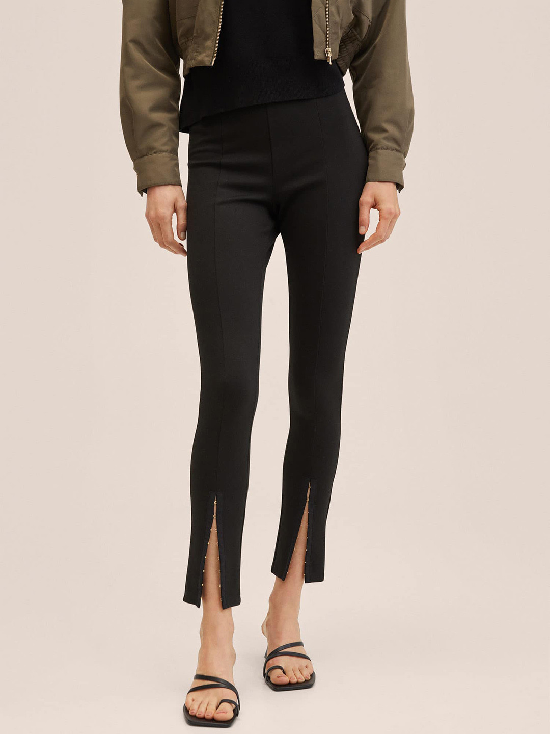 MANGO Women Black Solid Ankle Length Leggings With Front Slit