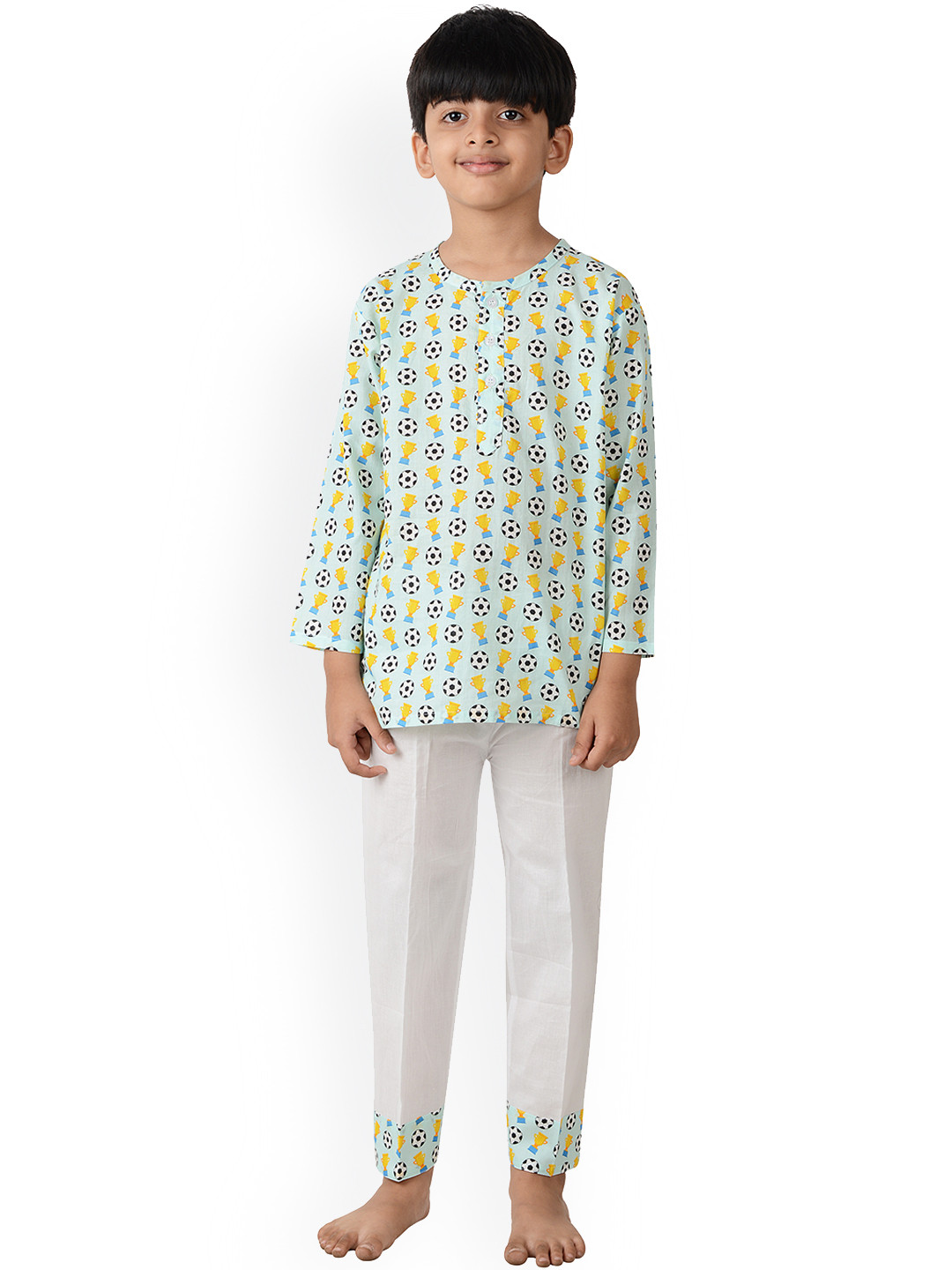 frangipani Unisex Kids Teal & White Printed Pure Cotton Night suit