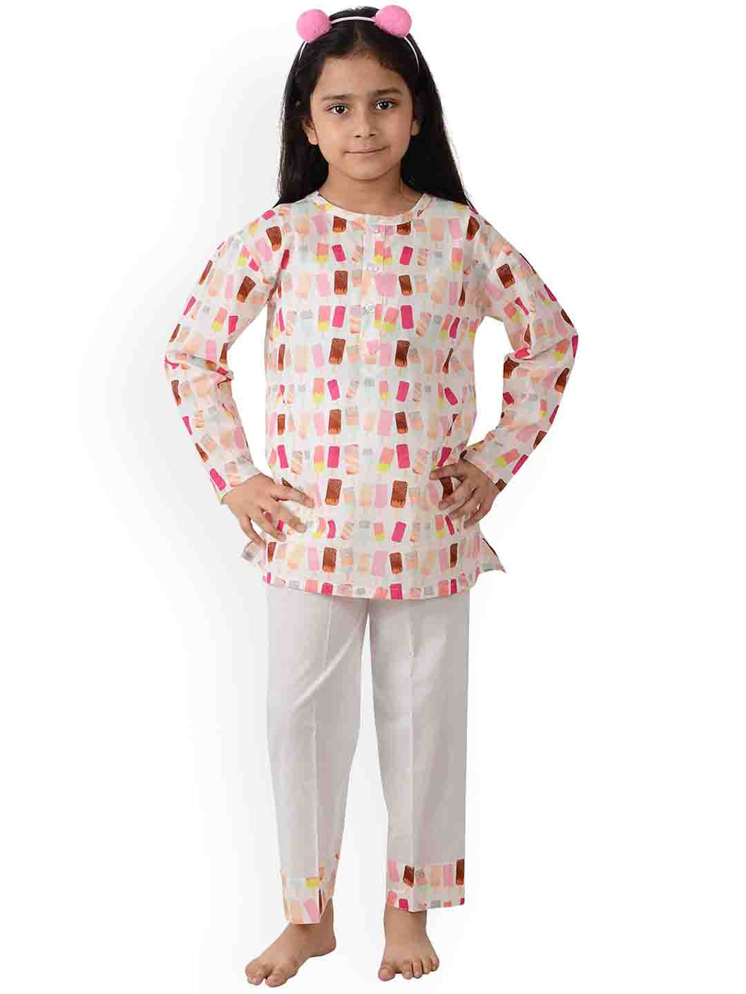 frangipani Girls Pink & White Abstract Printed Pure Cotton Night suits