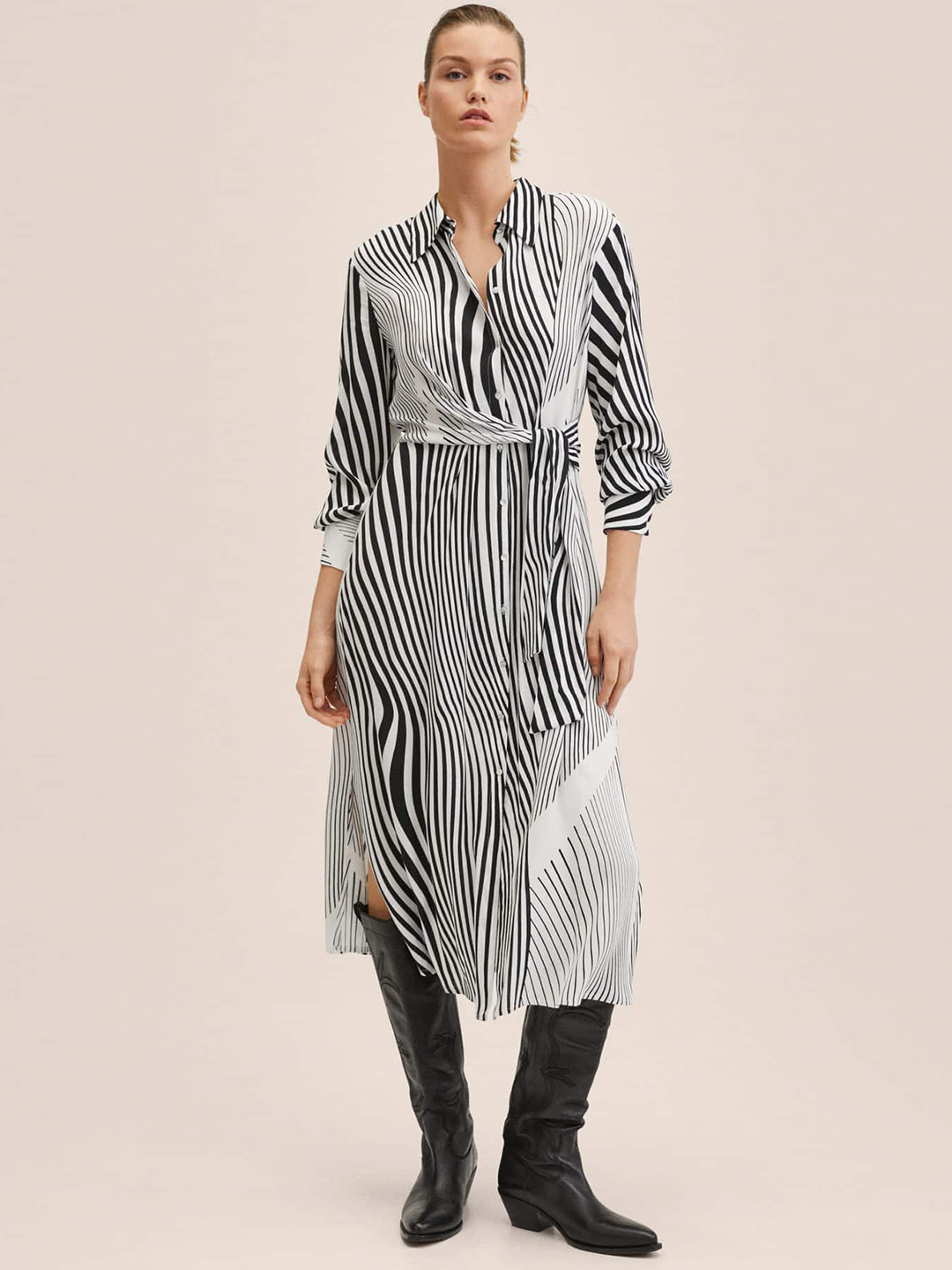 MANGO Black & White Printed Shirt Midi Dress