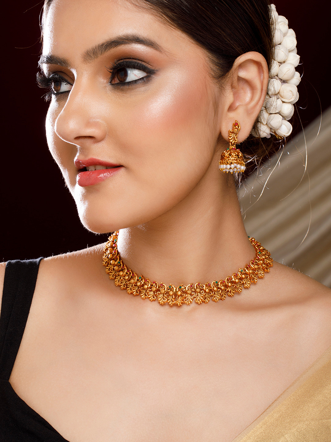 Rubans 22K Gold-Plated Ruby Red & Emerald Green Stone Studded Brass Necklace Jewellery Set