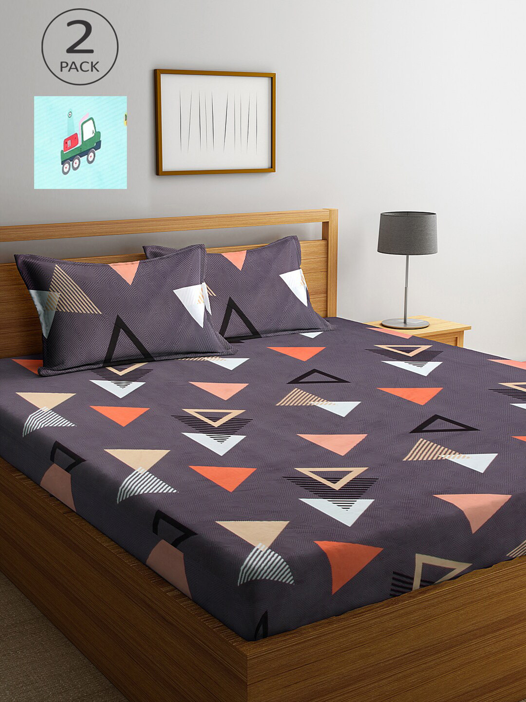 KLOTTHE Charcoal Geometric Cotton 300 TC King Fine 2 Bedsheet with 4 Pillow Covers-98 x 87 inches