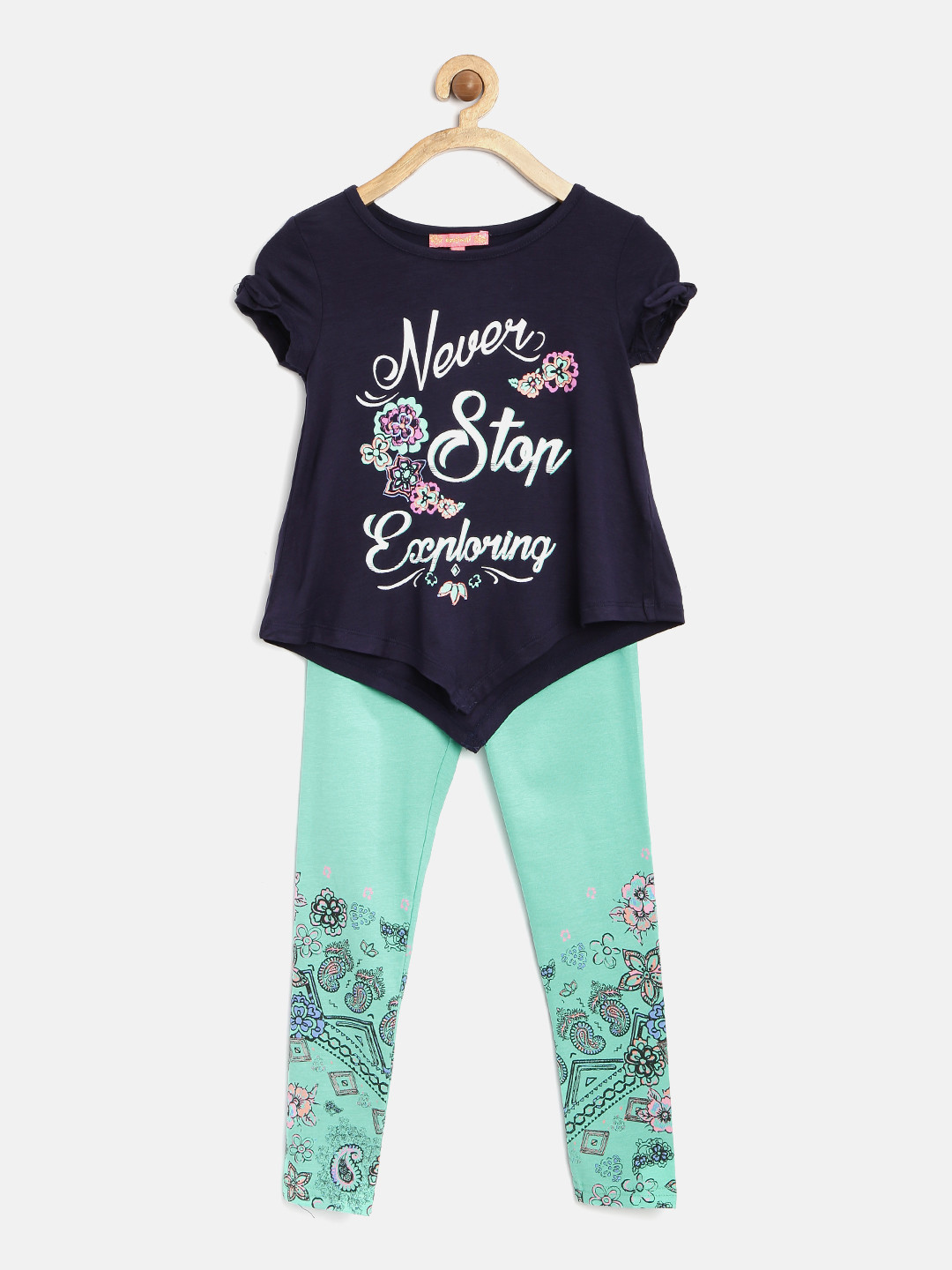 Nauti Nati Girls Navy & Sea Green Printed Co-Ord Set