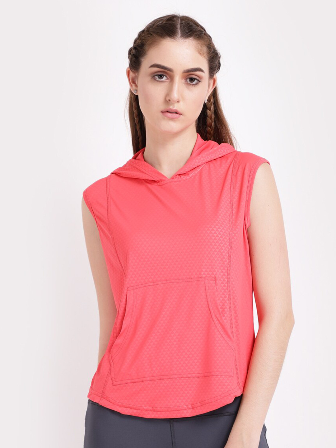 STUDIOACTIV Women Coral Pink Solid Hooded Sweatshirt