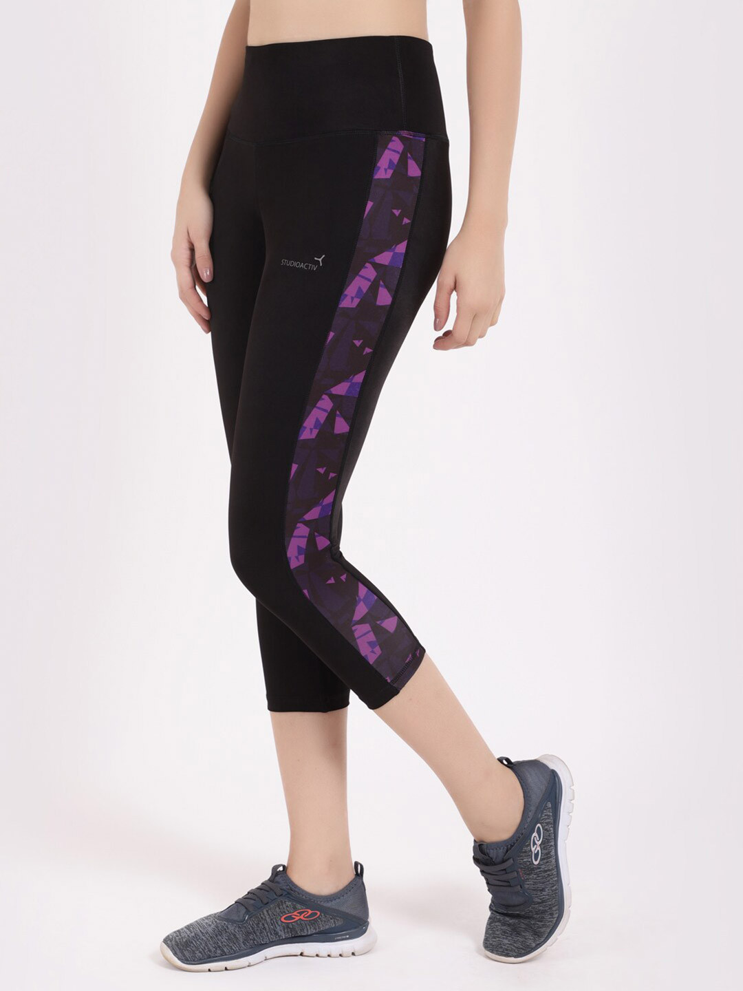 STUDIOACTIV Women Black & Purple Printed Sports Capris