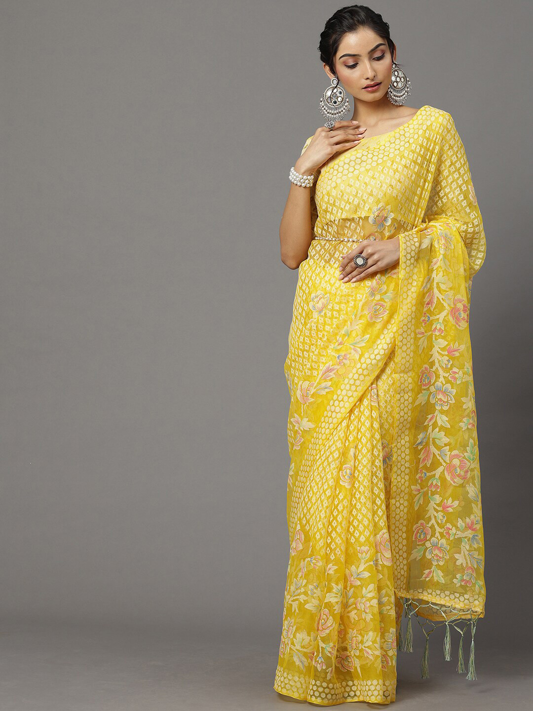 Mitera Yellow & White Floral Brasso Chanderi Saree