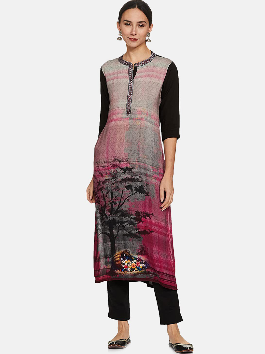 IVOC Women Multicoloured Floral Printed Thread Work A-Line Kurta
