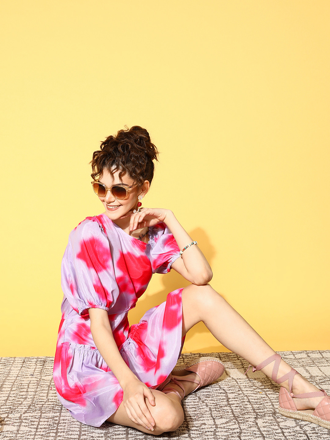 Athena Lavender & Pink Tie and Dye Puff Sleeves Tiered Cut-Outs A-Line Dress