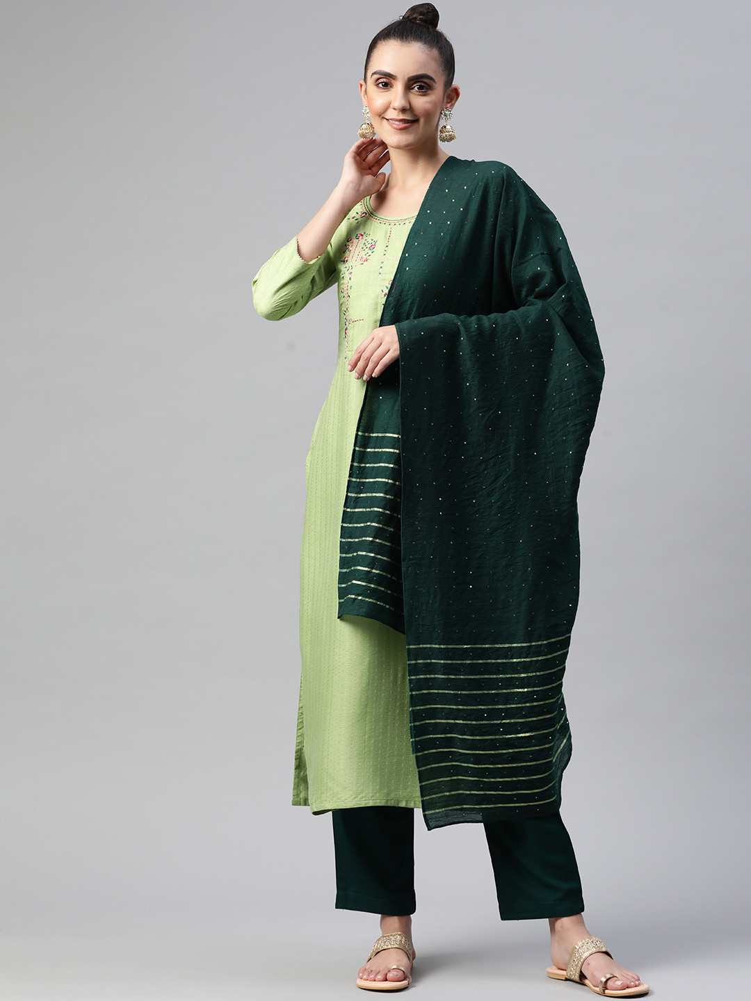 SheWill Women Green Ethnic Yoke Design Kurta with Trousers & Dupatta