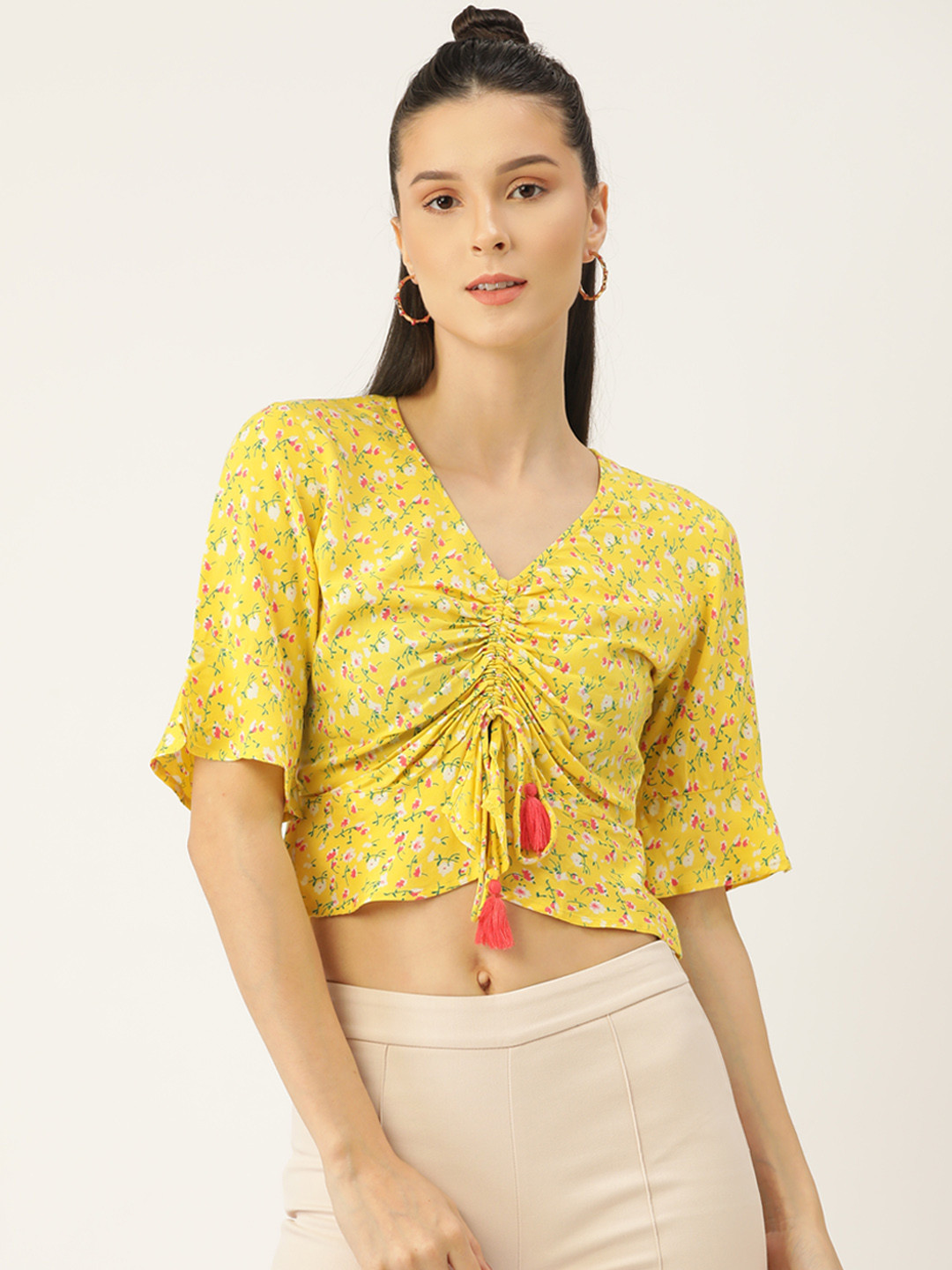 PIRKO Yellow & Pink Floral Print Crop Top