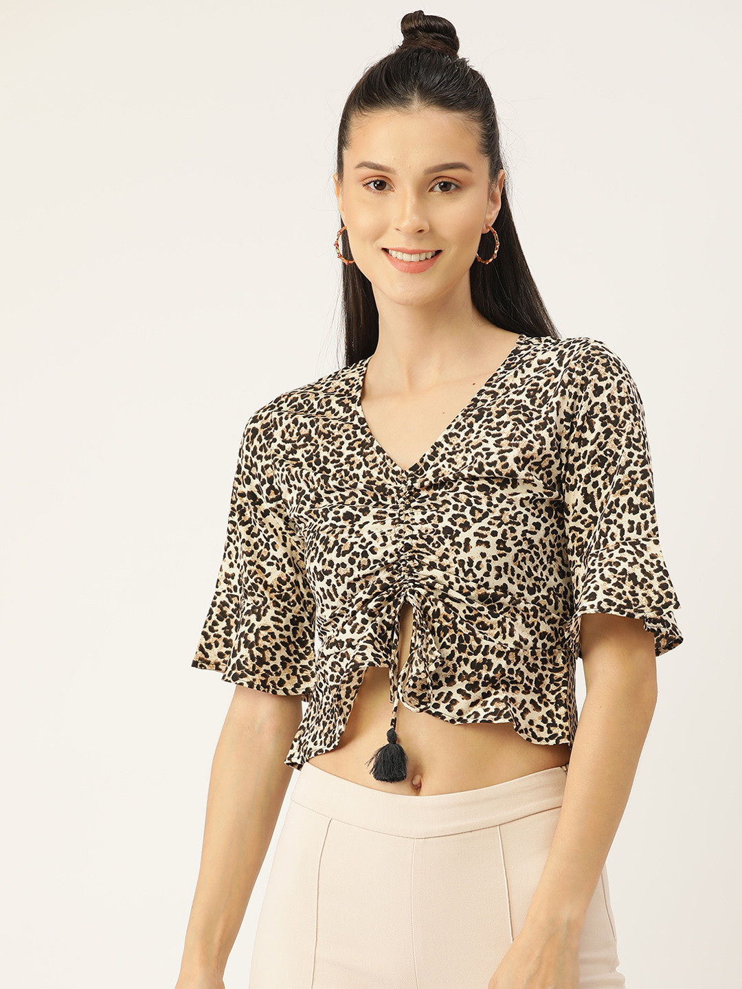 PIRKO White & Brown Animal Print Crop Top