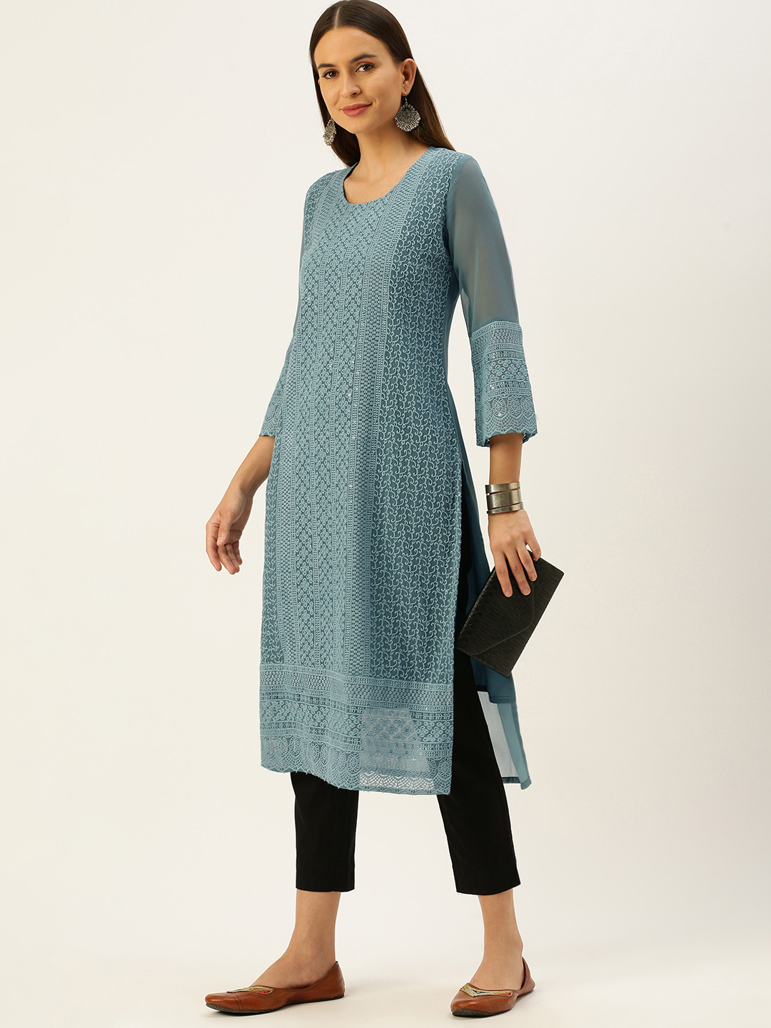 SWAGG INDIA Women Grey Ethnic Motifs Embroidered Chikankari Sequinned Straight Kurta