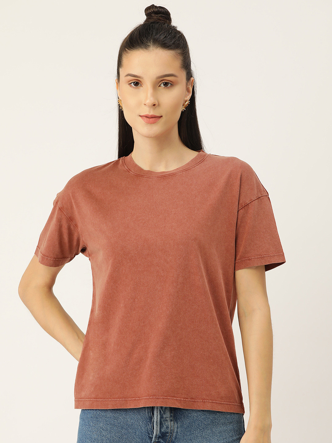 PIRKO Women Rust Brown Drop-Shoulder Sleeves Solid Cotton T-shirt