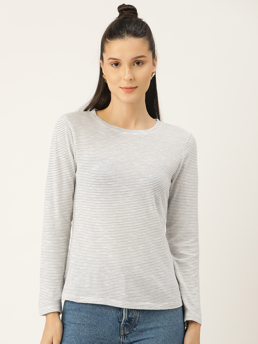 PIRKO Women Grey Striped Cotton T-shirt