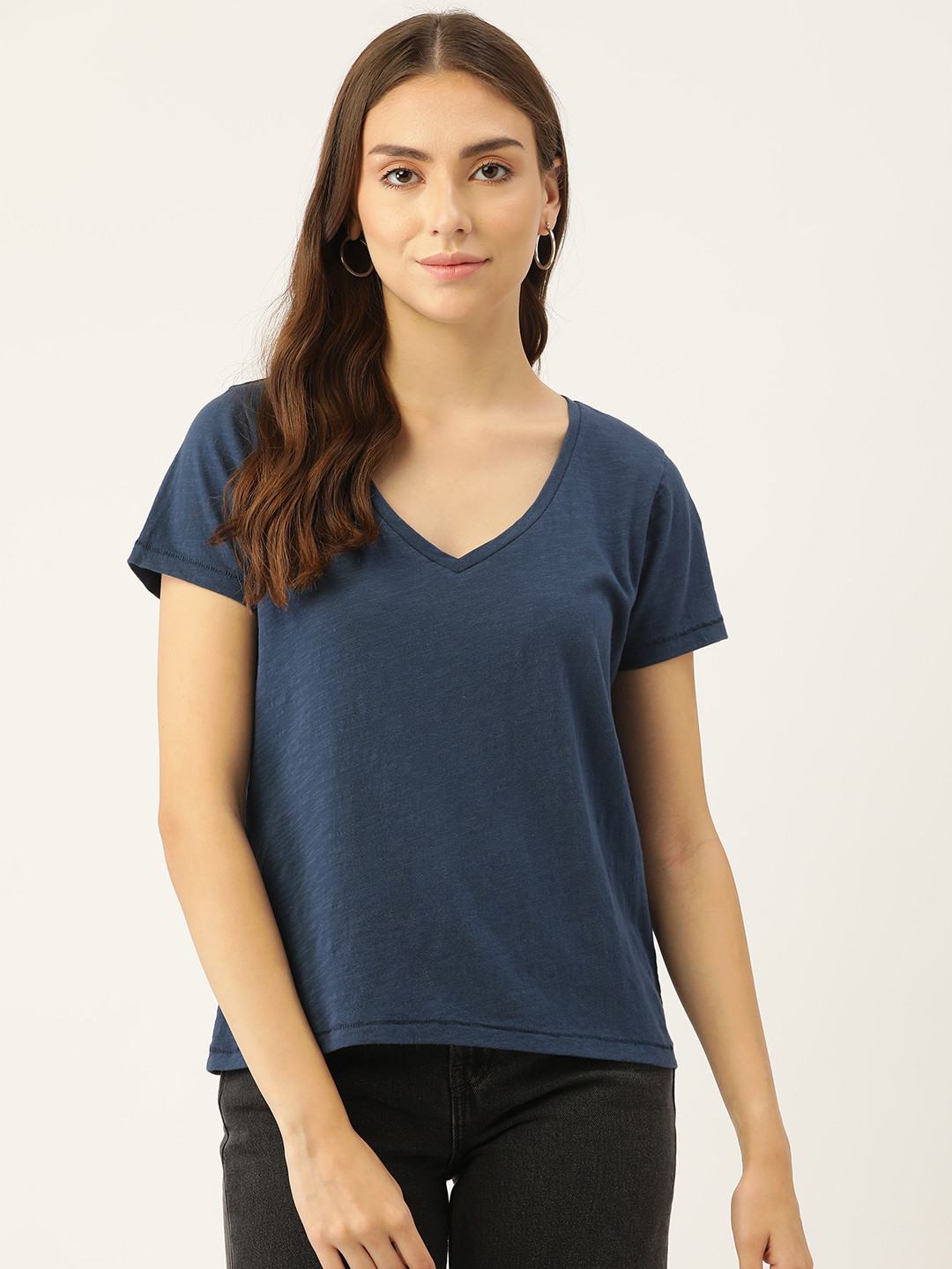 PIRKO Women Navy Blue Solid Cotton V-Neck T-shirt