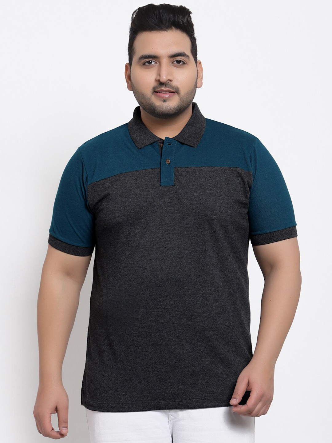 Kalt Plus Men Grey & Teal Colourblocked Cotton Plus Size T-shirt