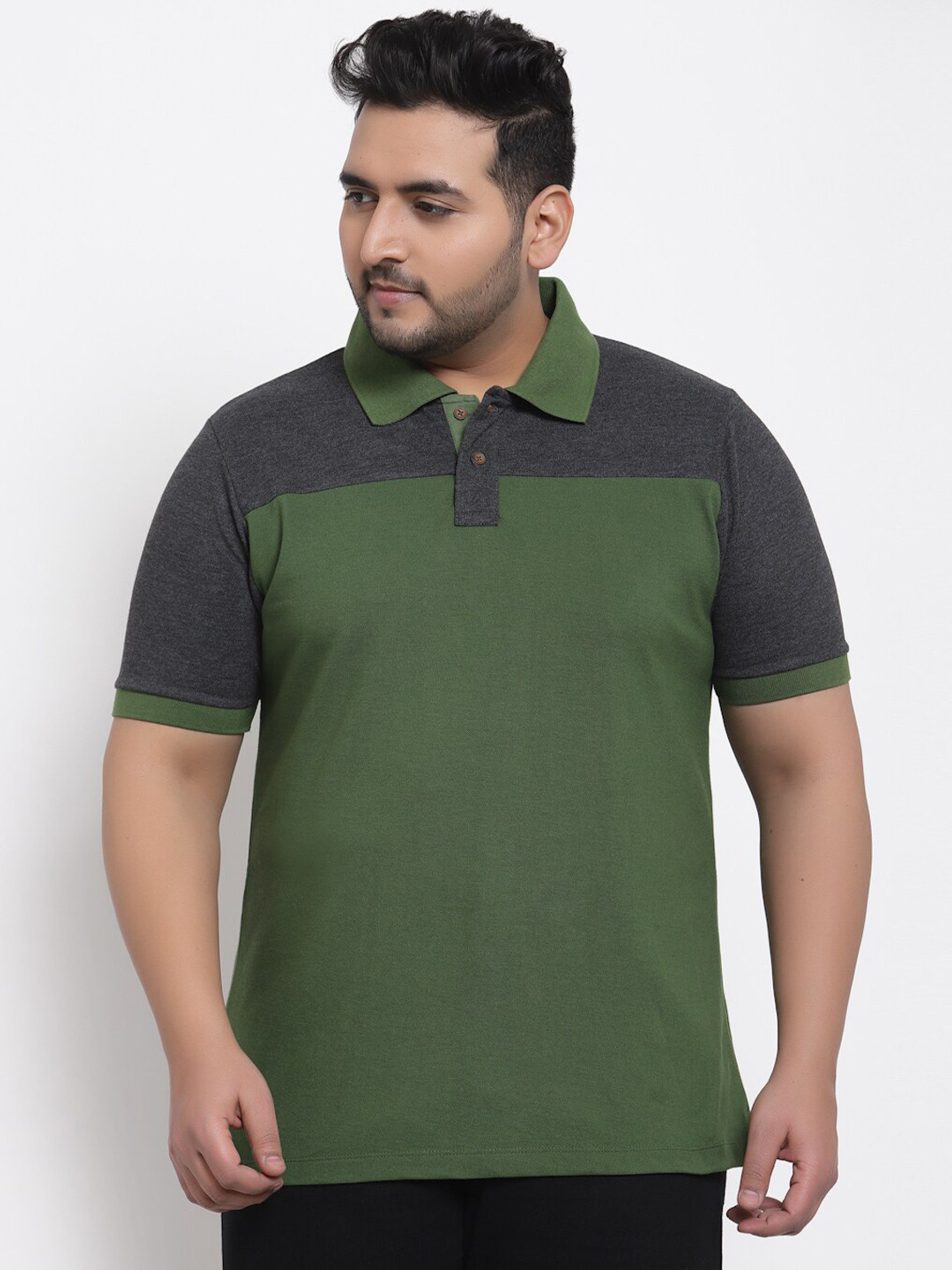 Kalt Plus Men Green & Grey Melange Colourblocked Cotton Plus Size T-shirt