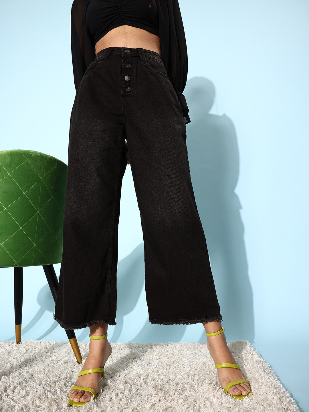 People Women Stylish Black High-Rise Flared Fit Jeans