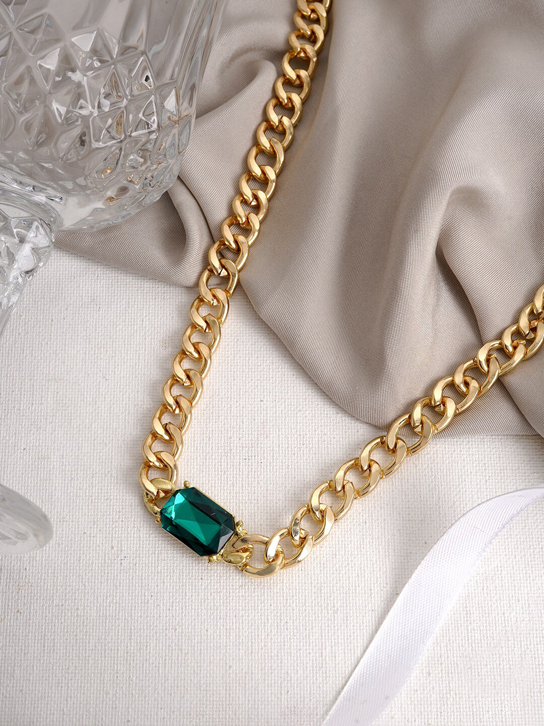 JOKER & WITCH Women Gold-Plated & Green Emerald Studded Necklace