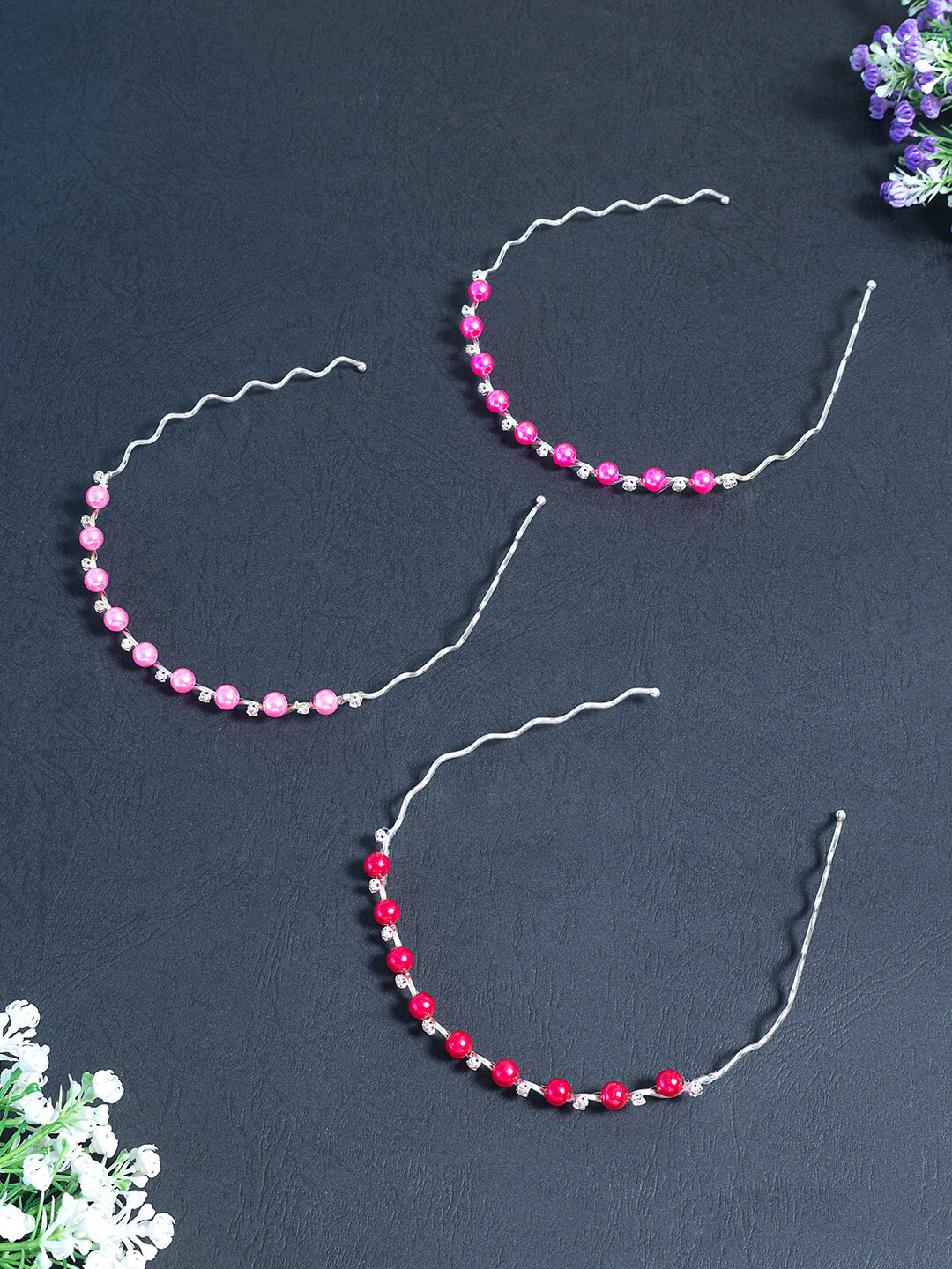 Golden Peacock Women Red & Pink Set of 3 Embellished Hairband
