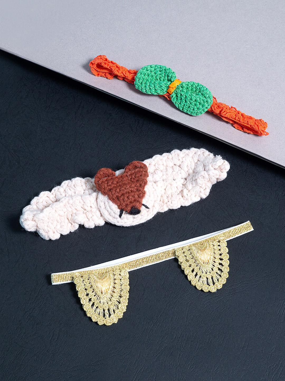 Golden Peacock Girls Orange & Beige Set of 3 Lace Hairband