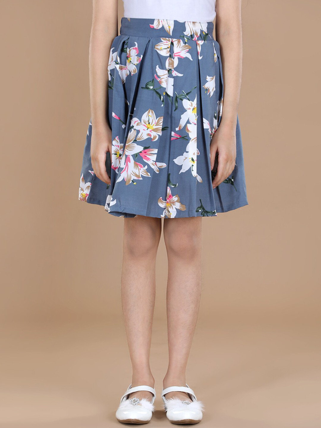 Cutiekins Girls Grey & White Floral Printed Flared Skirt
