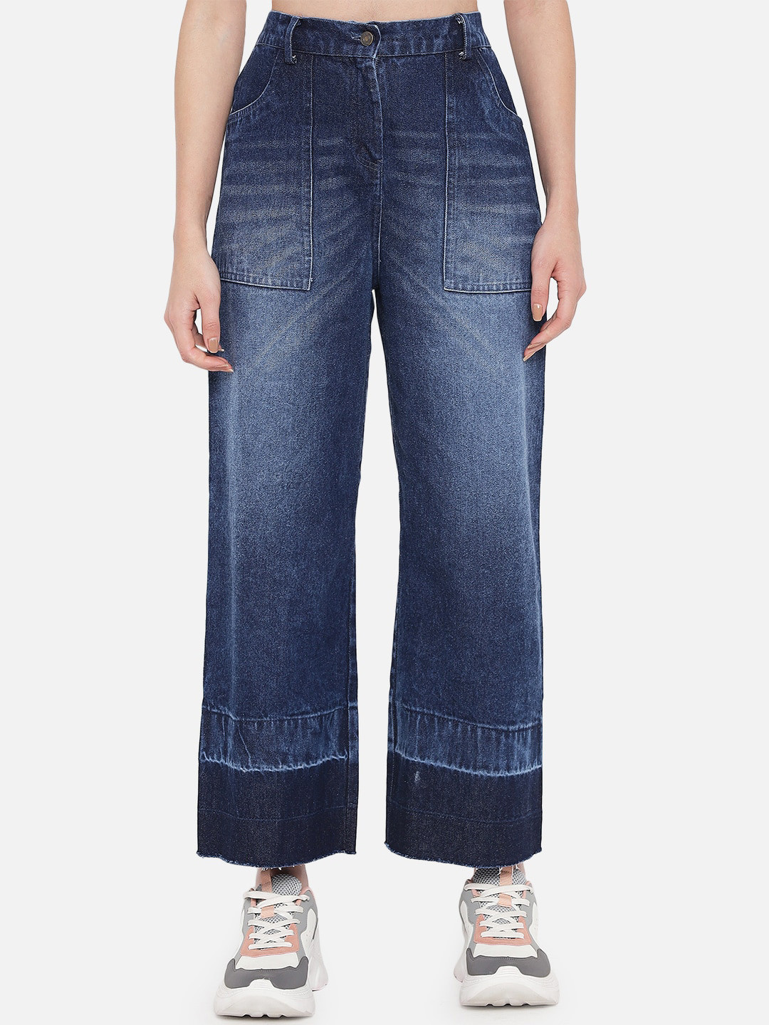 Orchid Blues Women Blue Flared High-Rise Heavy Fade Patch Raw Crop Hem Pure Cotton Jeans